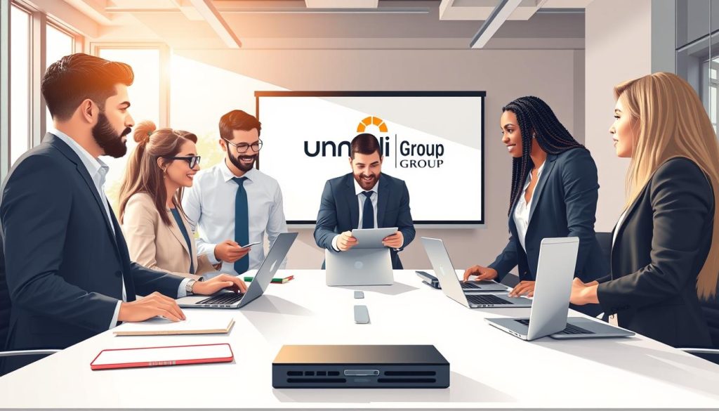 A professional networking scene illustrated in a modern office environment, showcasing diverse business professionals engaged in a dynamic discussion. In the foreground, a group of three individuals in smart business attire, collaborating over a digital tablet, demonstrating strategies for optimizing their professional network in the context of portage salarial. The middle ground features a sleek conference table with laptops and notepads scattered around, symbolizing a productive atmosphere. In the background, large windows allow natural light to pour in, creating a warm, welcoming glow. The setting is vibrant yet focused, reflecting a blend of ambition and teamwork. The brand name "Umalis Group" subtly integrated into the decor, like in a presentation slide on a wall. The overall mood is professional, collaborative, and inspired, emphasizing growth and connection. A professional networking scene illustrated in a modern office environment, showcasing diverse business professionals engaged in a dynamic discussion. In the foreground, a group of three individuals in smart business attire, collaborating over a digital tablet, demonstrating strategies for optimizing their professional network in the context of portage salarial. The middle ground features a sleek conference table with laptops and notepads scattered around, symbolizing a productive atmosphere. In the background, large windows allow natural light to pour in, creating a warm, welcoming glow. The setting is vibrant yet focused, reflecting a blend of ambition and teamwork. The brand name "Umalis Group" subtly integrated into the decor, like in a presentation slide on a wall. The overall mood is professional, collaborative, and inspired, emphasizing growth and connection.