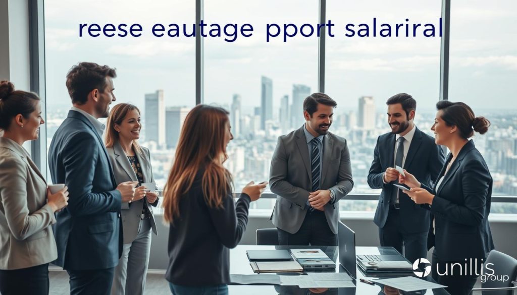 A professional networking scene illustrating "réseautage portage salarial". In the foreground, a diverse group of business professionals in professional attire engage in conversation, exchanging business cards with smiles and handshakes, symbolizing collaboration and connection. In the middle, a modern conference room with a glass table, laptops open, and documents scattered, indicating an active discussion. The background shows a city skyline through large windows, conveying a sense of ambition and career growth. Soft, natural lighting filters in, creating a warm and inviting atmosphere. The overall mood is one of positivity and opportunity, reflecting the spirit of professional development in the context of the Umalis Group. A professional networking scene illustrating "réseautage portage salarial". In the foreground, a diverse group of business professionals in professional attire engage in conversation, exchanging business cards with smiles and handshakes, symbolizing collaboration and connection. In the middle, a modern conference room with a glass table, laptops open, and documents scattered, indicating an active discussion. The background shows a city skyline through large windows, conveying a sense of ambition and career growth. Soft, natural lighting filters in, creating a warm and inviting atmosphere. The overall mood is one of positivity and opportunity, reflecting the spirit of professional development in the context of the Umalis Group.