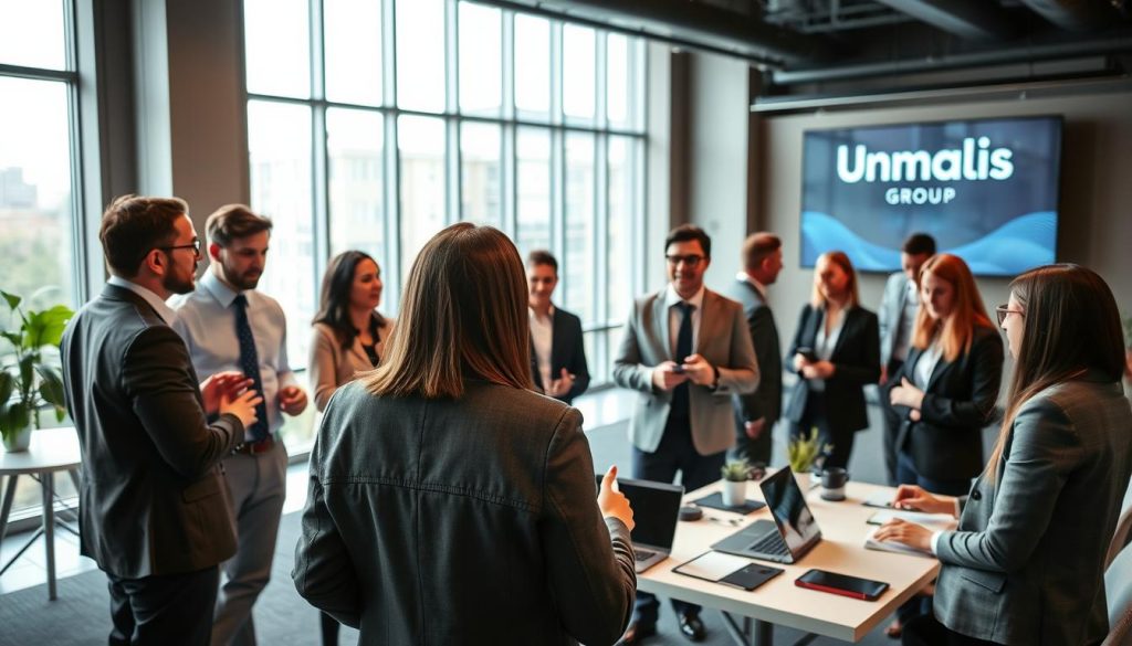 A professional networking scene illustrating strategies for developing a business network in the realm of portage salarial. In the foreground, a diverse group of people is engaging in conversation, dressed in smart business attire, showcasing a dynamic exchange of ideas. In the middle ground, tables set up with business materials and laptops, suggesting a collaborative environment. The background features a modern office space with large windows allowing natural light to fill the room, enhancing the atmosphere of productivity and professionalism. The mood is lively and energetic, symbolizing growth and connection in a business context. Incorporate the brand name "Umalis Group" subtly in the decor, such as on a banner or digital screen. The scene should convey cooperation and strategy in fostering professional relationships.