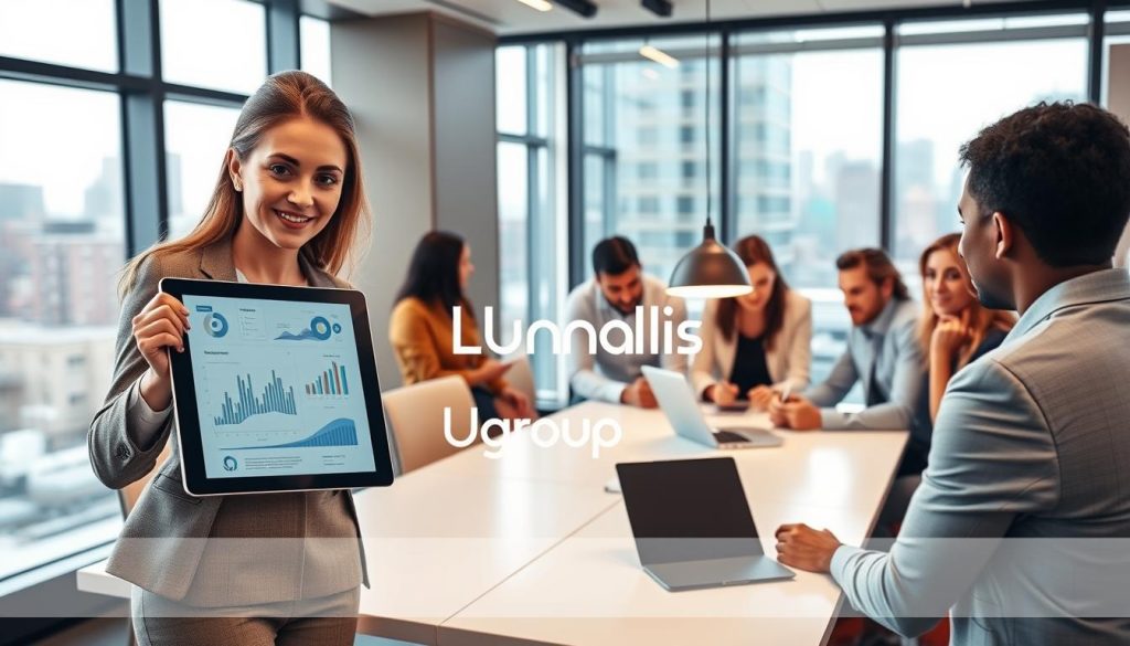 A professional networking scene set in a modern office space, featuring a diverse group of individuals in business attire engaged in dynamic discussions. In the foreground, a confident woman gestures towards a digital presentation on a tablet, showcasing graphs and charts related to internal competencies. In the middle ground, a group of people is collaborating around a sleek conference table, with a stylish modern lamp casting a warm glow. The background features large windows with a view of a bustling city skyline, reflecting a vibrant atmosphere of opportunity. The lighting is bright and inviting, enhancing the sense of professionalism and connectivity. Emphasize the brand "Umalis Group" subtly within the office environment, suggesting a link to the concept of leveraging company networks in professional growth. A professional networking scene set in a modern office space, featuring a diverse group of individuals in business attire engaged in dynamic discussions. In the foreground, a confident woman gestures towards a digital presentation on a tablet, showcasing graphs and charts related to internal competencies. In the middle ground, a group of people is collaborating around a sleek conference table, with a stylish modern lamp casting a warm glow. The background features large windows with a view of a bustling city skyline, reflecting a vibrant atmosphere of opportunity. The lighting is bright and inviting, enhancing the sense of professionalism and connectivity. Emphasize the brand "Umalis Group" subtly within the office environment, suggesting a link to the concept of leveraging company networks in professional growth.