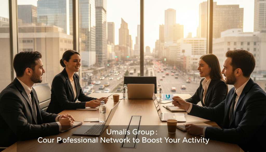 A professional networking scene set in an elegant, modern office space. In the foreground, a diverse group of four business professionals, dressed in smart business attire, engage in lively conversation, exchanging ideas and contact information. The middle ground features a stylish conference table with laptops, notepads, and coffee cups, symbolizing collaboration. The background showcases a large window allowing natural light to illuminate the room, with a view of a bustling city skyline, adding a sense of dynamism and opportunity. The overall mood is vibrant and inspiring, evoking a sense of connection and growth, embodying the theme of "consolidating your professional network to boost your activity." Include subtle branding elements of "Umalis Group" within the decor, like a logo on a business card placed on the table. The image should be well-lit, with a focus on warmth and professionalism.