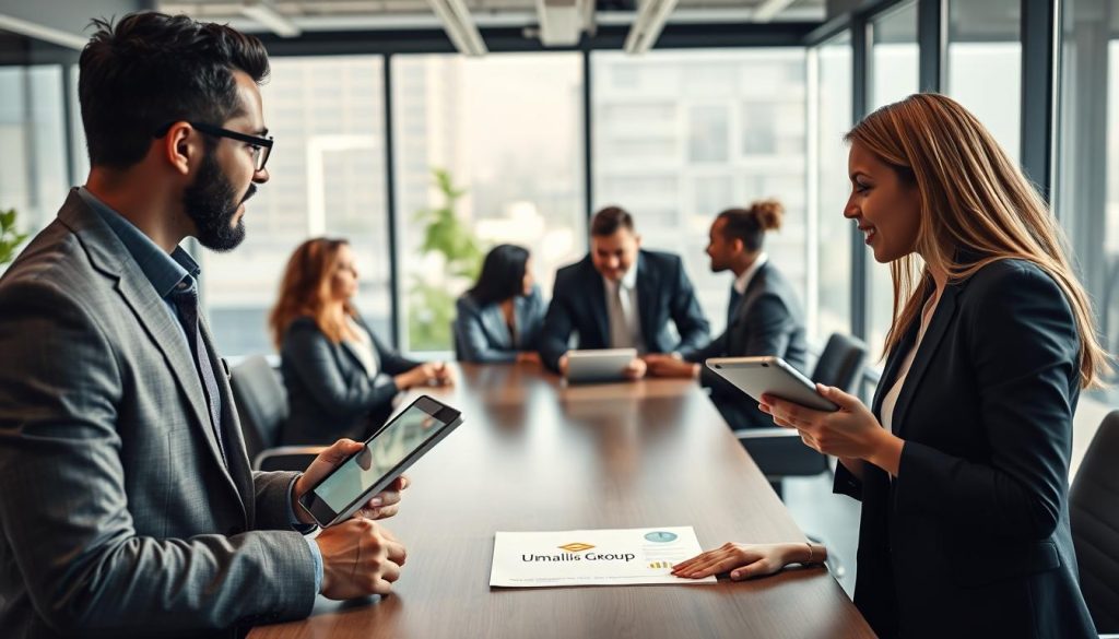A professional networking scene showcasing diverse individuals engaged in a dynamic conversation about "portage salarial." In the foreground, two professionals, a man and a woman, dressed in sharp business attire, are exchanging ideas while holding digital tablets. In the middle ground, a small group of professionals, representing various ethnicities, are engaged in lively discussions, seated around a modern conference table. The background features a sleek, contemporary office with large windows that let in natural light, casting soft shadows and creating a warm atmosphere. The overall mood is collaborative and productive, highlighting the importance of building a professional network. The Umalis Group logo subtly integrated into a document on the table.