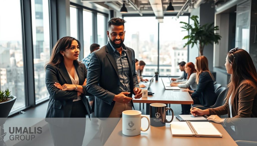 A professional networking scene showcasing diverse individuals engaged in conversation at a modern co-working space. In the foreground, a confident woman in business attire is exchanging ideas with a thoughtful man in casual yet professional wear, both looking engaged. In the middle ground, small groups of professionals are seen discussing around a large conference table, with laptops and notebooks open, emphasizing collaboration. The background contains large windows revealing a cityscape, with natural light streaming in, creating a warm and inviting atmosphere. The overall mood is one of motivation and connection, with subtle brand elements of "UMALIS GROUP" integrated into the co-working environment, such as branded mugs or office stationery. The image should be captured at eye level to convey an inclusive and dynamic networking experience.