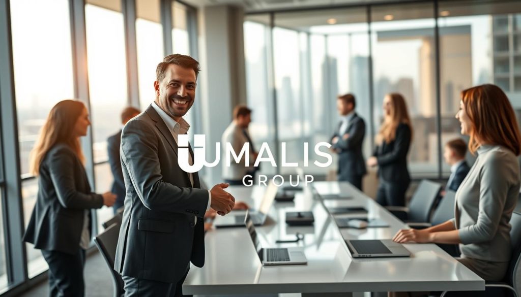 A professional networking scene showcasing strategic partnerships in a modern office environment. In the foreground, two individuals in business attire engage in a meaningful conversation, shaking hands with smiles, exuding confidence. The middle ground features a diverse group of professionals discussing over a sleek conference table adorned with laptops and digital devices, highlighting collaboration and innovation. In the background, large glass windows reveal a city skyline, hinting at opportunities beyond. Soft natural light fills the room, creating a warm and inviting atmosphere, while a slight focus blur on the background emphasizes the central figures. The branding "UMALIS GROUP" is subtly integrated into the modern decor, reinforcing the theme of building credibility through strategic networking.