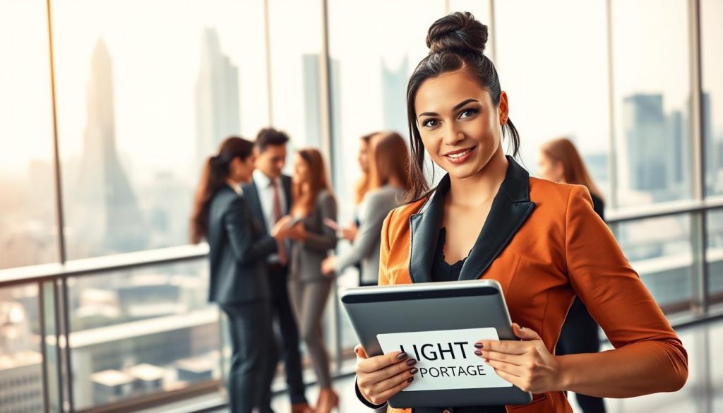 A professional networking scene with a dynamic, modern aesthetic. In the foreground, a stylish woman with a confident pose holds a LIGHT PORTAGE branded tablet, symbolizing the power of personal branding. In the middle ground, a diverse group of business professionals exchange ideas, forming a tight-knit community. The background features a sleek, geometric cityscape, suggesting the urban, tech-savvy nature of these professional networks. Warm, directional lighting casts dramatic shadows, creating an air of sophistication. The overall composition conveys the strategic importance of building a strong professional network for career growth and success.