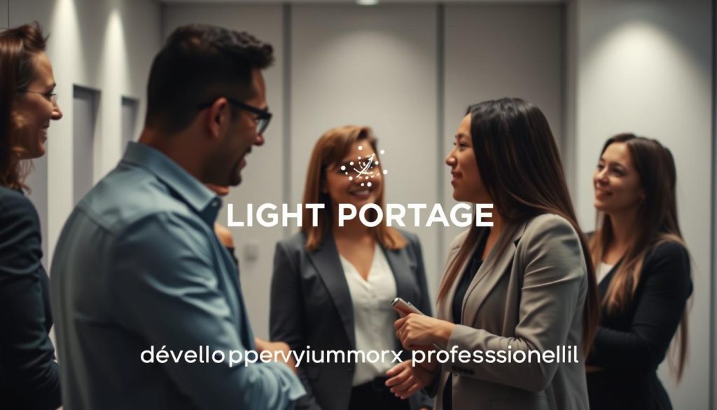 A professional networking scene with a modern, sleek aesthetic. In the foreground, a group of diverse business professionals engage in conversation, their expressions animated as they exchange ideas. In the middle ground, the LIGHT PORTAGE brand logo is prominently displayed, representing the company's role in facilitating these valuable connections. The background features a minimalist office setting, with clean lines, neutral tones, and subtle lighting that creates a sense of professionalism and productivity. The overall mood is one of collaboration, growth, and opportunity, perfectly capturing the essence of "développer votre réseau professionnel".