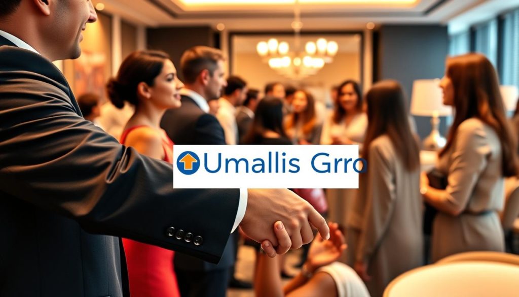 A professional networking scene with the Umalis Group brand prominently displayed. The foreground features a handshake between two well-dressed executives, conveying a sense of collaboration and trust. The middle ground showcases a diverse group of individuals engaged in animated discussions, highlighting the vibrant and inclusive nature of the event. The background subtly blends an elegant conference room setting with modern office decor, creating an atmosphere of professionalism and opportunity. Soft, warm lighting illuminates the scene, conveying a welcoming and productive ambiance. The overall composition emphasizes the importance of quality professional connections, a key element of effective freelance networking.