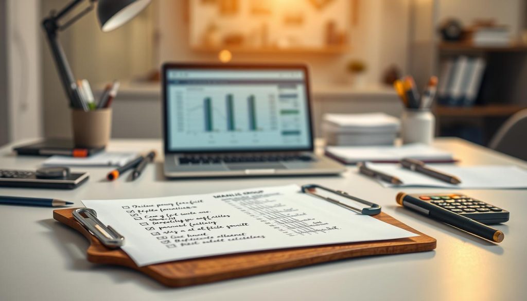 A professional office desk setup showcasing a detailed "Checklist pour un devis au forfait". In the foreground, a neatly arranged checklist on a clipboard with bullet points clearly visible, written in elegant handwriting. Transition to the middle ground where a laptop is open, displaying a financial spreadsheet. Surrounding the tools are various stationary items like pens and a calculator. In the background, a soft-focus ambiance of an office environment, with neutral colors and warm lighting illuminating the scene, creating a focused yet inviting atmosphere. The desk is organized and modern, embodying a professional vibe suitable for business attire. The U MALIS GROUP logo subtly integrated into the scene as a design element on the clipboard.