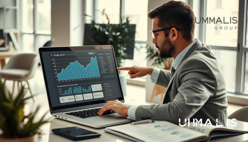 A professional office environment centered around the concept of "Portage salarial," featuring a well-dressed consultant analyzing complex payroll simulations on a sleek laptop. In the foreground, a focused individual in business attire is pointing at a detailed digital financial graph on the screen. The middle ground includes modern office furniture, a potted plant, and open files with charts, conveying a busy yet organized workspace. In the background, soft natural light filters through large windows, creating a calm atmosphere. The mood is analytical and insightful, with an emphasis on attention to detail in financial planning. The image incorporates the brand name "UMALIS GROUP" subtly in the workspace decor, without any textual overlays or watermarks.