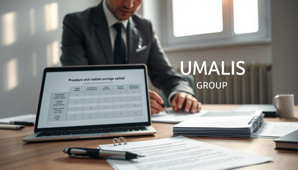 A professional office environment depicting a business consultant reviewing documents on a desk, with a laptop open displaying a chart related to sick leave and salary portage. The foreground features a pen and notepad with notes about ‘procédure arrêt maladie portage salarial.’ In the middle, a well-dressed consultant in smart business attire is in focus, showing concentration. The background includes a window with soft natural light filtering in, casting gentle shadows, enhancing a serious yet calm atmosphere. The overall mood reflects professionalism and clarity, emphasizing the process of salary portage during illness. Include the logo of "UMALIS GROUP" subtly in the office space. Capture the scene with a slightly elevated angle for a comprehensive view. A professional office environment depicting a business consultant reviewing documents on a desk, with a laptop open displaying a chart related to sick leave and salary portage. The foreground features a pen and notepad with notes about ‘procédure arrêt maladie portage salarial.’ In the middle, a well-dressed consultant in smart business attire is in focus, showing concentration. The background includes a window with soft natural light filtering in, casting gentle shadows, enhancing a serious yet calm atmosphere. The overall mood reflects professionalism and clarity, emphasizing the process of salary portage during illness. Include the logo of "UMALIS GROUP" subtly in the office space. Capture the scene with a slightly elevated angle for a comprehensive view.