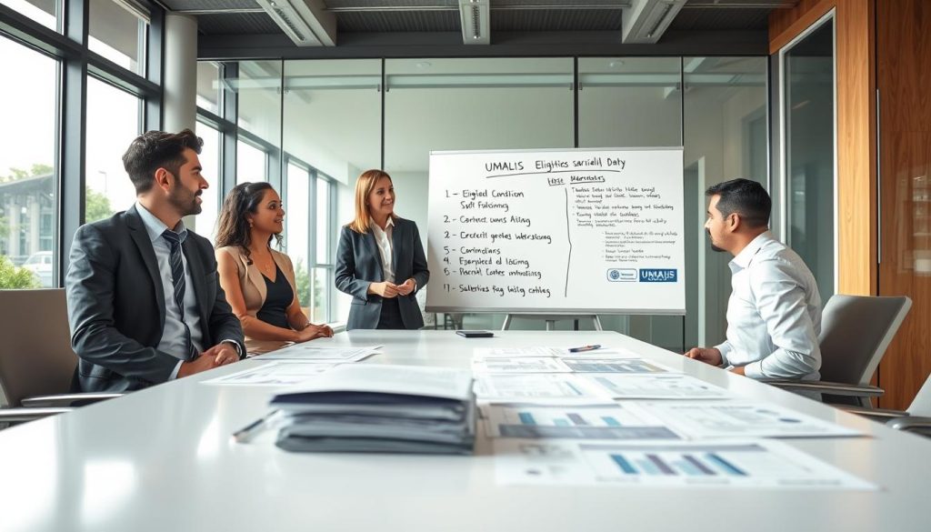 A professional office environment depicting a business meeting focused on unemployment eligibility conditions in the context of portage salarial. In the foreground, a diverse group of four individuals dressed in professional business attire, engaged in a discussion with documents and charts laid out on a sleek conference table. In the middle ground, a large whiteboard filled with bullet points, highlighting key eligibility criteria. The background features a modern office with large windows allowing natural light to flood the room, creating an optimistic atmosphere. Subtle hints of the UMALIS GROUP brand visible on one of the documents. The mood is collaborative and informative, captured with a slightly angled perspective to emphasize interaction. Soft, warm lighting enhances the focus on the participants and their materials. A professional office environment depicting a business meeting focused on unemployment eligibility conditions in the context of portage salarial. In the foreground, a diverse group of four individuals dressed in professional business attire, engaged in a discussion with documents and charts laid out on a sleek conference table. In the middle ground, a large whiteboard filled with bullet points, highlighting key eligibility criteria. The background features a modern office with large windows allowing natural light to flood the room, creating an optimistic atmosphere. Subtle hints of the UMALIS GROUP brand visible on one of the documents. The mood is collaborative and informative, captured with a slightly angled perspective to emphasize interaction. Soft, warm lighting enhances the focus on the participants and their materials.