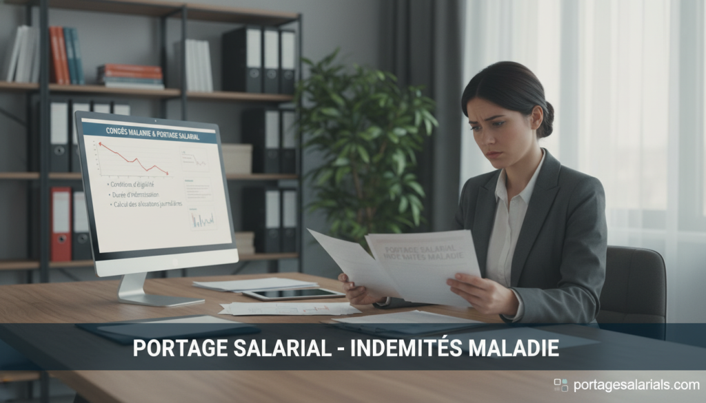 A professional office environment depicting a concerned individual in business attire, seated at a desk, reviewing documents related to sick leave benefits in portage salarial. The foreground features a close-up of the individual, highlighting a furrowed brow and focused expression. In the middle ground, a computer screen displays graphs and bullet points about indemnities and conditions for sick leave, along with some paperwork. In the background, a modern office setting with bookshelves and a potted plant adds a touch of professionalism. Soft, natural lighting filters through a large window, creating an atmosphere of contemplation and seriousness. The image should convey a sense of clarity and focus on the topic of sick leave in professional environments. Include the logo of portagesalarials.com subtly in the corner, ensuring it does not interfere with the primary subject.