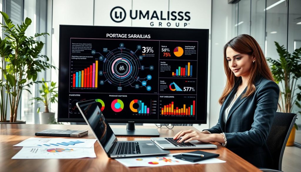 A professional office environment depicting a detailed statistical analysis of "portage salarial" methods. In the foreground, a confident businesswoman in professional attire analyzes data on a sleek laptop, surrounded by colorful graphs and charts on the desk. In the middle, a large digital screen displays a complex infograph illustrating key statistics with dynamic visuals. The background features a modern office with glass walls, greenery, and soft natural lighting filtering through, creating a motivating atmosphere. The image includes a prominent logo of "UMALIS GROUP" subtly displayed on a wall. The overall mood is inspirational and analytical, portraying a focused evaluation of salary portage statistics. The angle captures the workspace balanced between technology and professionalism.