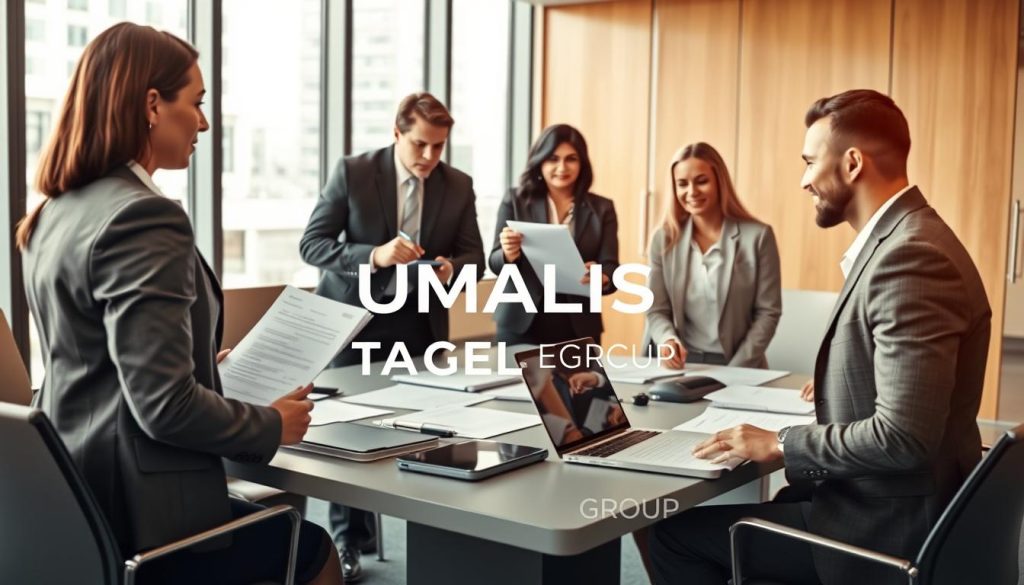 A professional office environment depicting a diverse group of business professionals engaged in serious discussions about contractual obligations related to portage salarial. In the foreground, two individuals in smart business attire, one holding a pen and a contract, the other pointing at a laptop screen displaying a graph. The middle ground features a modern conference table filled with documents and digital devices, symbolizing collaboration and management of contracts. The background shows a sleek corporate office with large windows allowing natural light to flood the space, enhancing the atmosphere of professionalism and focus. The color palette is warm yet corporate, promoting a sense of responsibility and clarity. Include the logo of UMALIS GROUP subtly in the scene to emphasize the theme of contractual obligations.