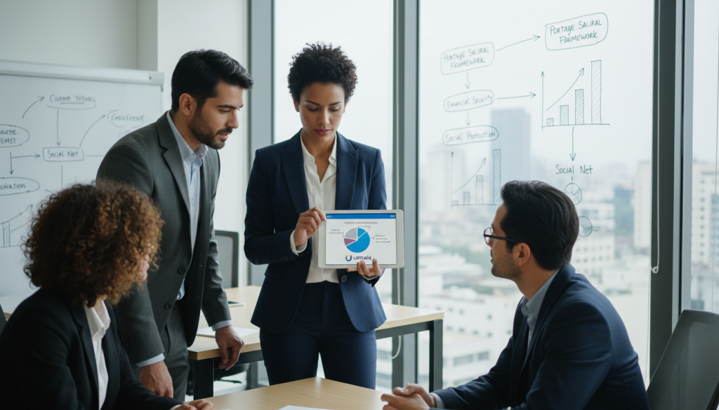 A professional office environment depicting a diverse group of business professionals engaged in a discussion about social contributions and social protection in the context of "portage salarial." In the foreground, a confident woman in professional attire is presenting data on a digital tablet, while a man next to her, also dressed in business attire, attentively listens. In the background, a modern office with large windows allows natural light to flood in, illuminating charts and graphs related to social contributions displayed on a wall. The atmosphere is collaborative and focused, symbolizing the importance of financial and social security in self-employment. Include subtle branding elements like the Umalis Group logo on the tablet screen, ensuring it blends seamlessly into the professional setting. A professional office environment depicting a diverse group of business professionals engaged in a discussion about social contributions and social protection in the context of "portage salarial." In the foreground, a confident woman in professional attire is presenting data on a digital tablet, while a man next to her, also dressed in business attire, attentively listens. In the background, a modern office with large windows allows natural light to flood in, illuminating charts and graphs related to social contributions displayed on a wall. The atmosphere is collaborative and focused, symbolizing the importance of financial and social security in self-employment. Include subtle branding elements like the Umalis Group logo on the tablet screen, ensuring it blends seamlessly into the professional setting.