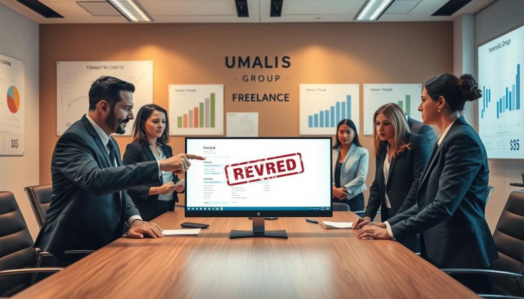 A professional office environment depicting a diverse group of business professionals in business attire, gathered around a large conference table. In the foreground, one individual points at a computer screen displaying a rejected invoice, with a clear focus on the document’s rejection stamp. The middle ground features concerned expressions on the faces of the professionals as they discuss the issue collaboratively. Soft office lighting creates a warm, yet serious atmosphere, highlighting the importance of the situation. In the background, charts and graphs on the walls illustrate data and trends related to freelance billing. The overall mood is one of urgency and teamwork, promoting problem-solving and communication in a corporate setting. The brand logo “UMALIS GROUP” is subtly integrated into the workspace decor.