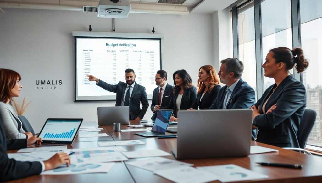 A professional office environment depicting a diverse group of businesspeople, gathered around a large conference table, engaged in a discussion about budget verification. The foreground includes detailed financial documents, laptops displaying graphs, and a digital projector casting a budget plan on the wall. In the middle, the team members—three men and two women dressed in smart business attire—are actively collaborating, with one pointing at the projections. The background features large windows with natural light filtering in, creating a bright and focused atmosphere. The mood is serious and constructive, reflecting the importance of budgeting and project management. Incorporate subtle branding elements associated with "UMALIS GROUP" in the decor. Use a slightly elevated angle to capture the dynamics of the meeting.