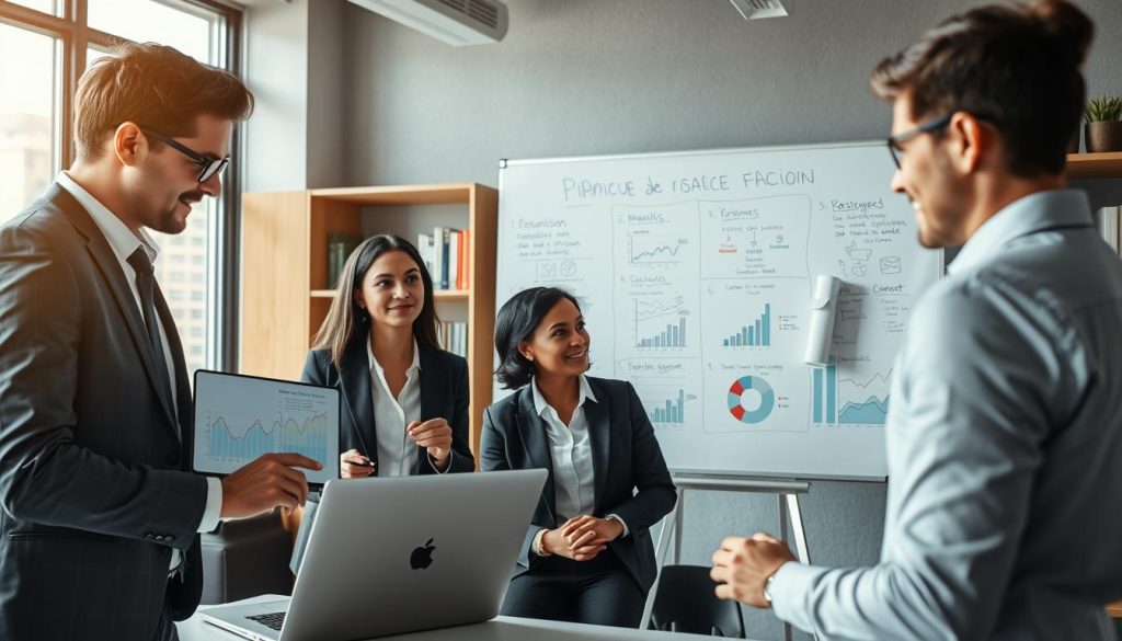 A professional office environment depicting a diverse group of independent workers discussing financial strategies related to "optimisation revenus cotisations portage salarial." In the foreground, a male and female consultant in smart business attire, one pointing at a laptop showing financial graphs. In the middle, a large whiteboard filled with charts and notes about income optimization and salary contributions. In the background, shelves with books on finance and a window showing a sunny cityscape. The image should have bright, inviting lighting accentuating the professionalism of the setting, captured with a wide-angle lens to emphasize collaboration and focus. The mood is optimistic and productive, reflecting the theme of financial growth. Include the brand name "UMALIS GROUP" subtly in the background decor.