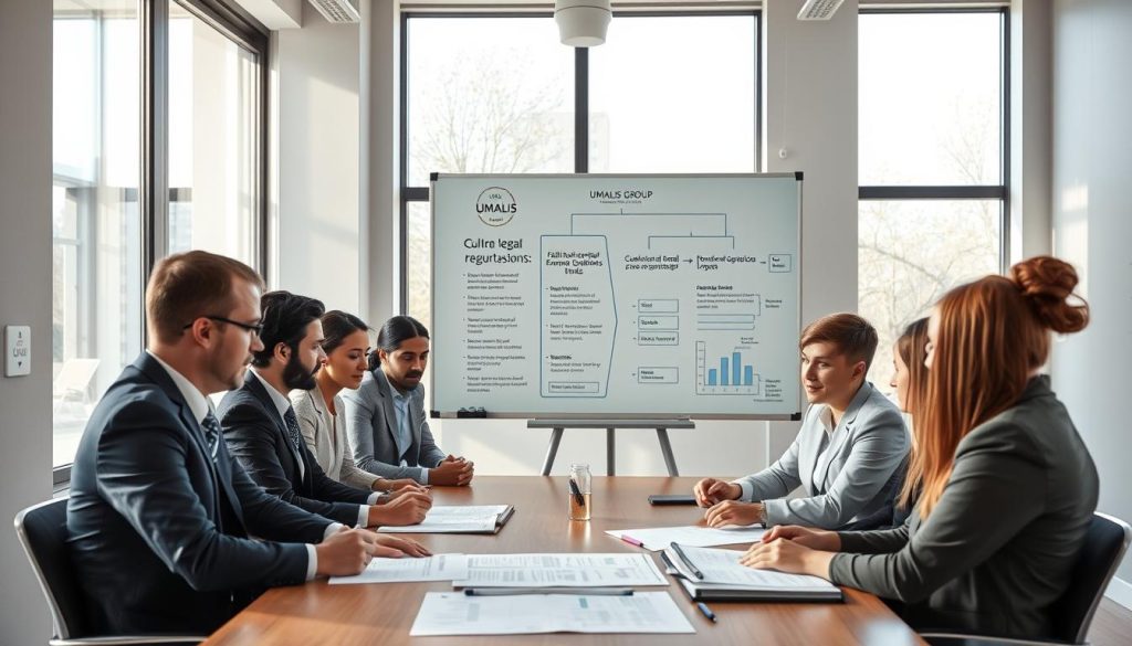 A professional office environment depicting a diverse group of individuals engaged in a meeting about "portage salarial" and employment regulations. In the foreground, focused professionals in business attire, including men and women of different ethnicities, review legal documents and charts on a conference table. The middle ground features a large whiteboard with flowcharts and key points about legal frameworks and cumulative employment conditions. In the background, large windows allow natural light to fill the space, creating a bright, inviting atmosphere. Soft shadows add depth, and the overall mood is one of collaboration and seriousness. Include subtle branding elements representing "UMALIS GROUP" in the room's decor, ensuring a cohesive and professional theme. A professional office environment depicting a diverse group of individuals engaged in a meeting about "portage salarial" and employment regulations. In the foreground, focused professionals in business attire, including men and women of different ethnicities, review legal documents and charts on a conference table. The middle ground features a large whiteboard with flowcharts and key points about legal frameworks and cumulative employment conditions. In the background, large windows allow natural light to fill the space, creating a bright, inviting atmosphere. Soft shadows add depth, and the overall mood is one of collaboration and seriousness. Include subtle branding elements representing "UMALIS GROUP" in the room's decor, ensuring a cohesive and professional theme.
