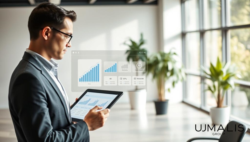 A professional office environment depicting a financial simulation scenario. In the foreground, a focused business person, dressed in smart professional attire, examines a digital tablet displaying graphs and income estimations. In the middle ground, an interactive simulation tool interface is shown with various charts and options symbolizing salary projections in a consulting context. The background features a clean, modern office with large windows allowing soft natural light to illuminate the space, creating an inviting atmosphere. Subtle greenery can be seen outside, adding a touch of freshness. The overall mood is one of productivity and professional engagement. Include branding elements that subtly represent "UMALIS GROUP" in the scene to enhance the corporate identity, without text or logos.