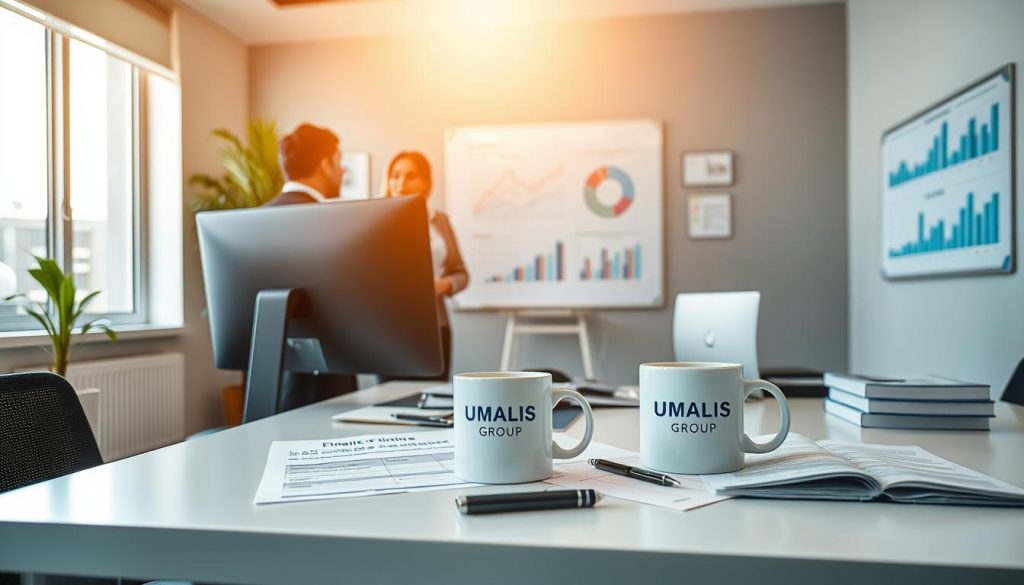 A professional office environment depicting "frais gestion" through a modern and sleek workspace. In the foreground, a neatly organized desk with a computer displaying financial management software and documents related to salary management. A business professional in smart attire, engaged in a discussion with a colleague, showcasing teamwork and collaboration. In the middle ground, a large window with natural light streaming in, creating an inviting atmosphere. A whiteboard filled with charts and graphs highlighting key metrics in the background. The overall mood is productive and focused, symbolizing efficiency and clarity in financial operations. The brand name "UMALIS GROUP" is subtly integrated into the workspace, depicted on a branded document or a mug, ensuring a professional representation. Bright, warm lighting and a clean, contemporary design enhance the ambiance, emphasizing a forward-thinking approach to business solutions.