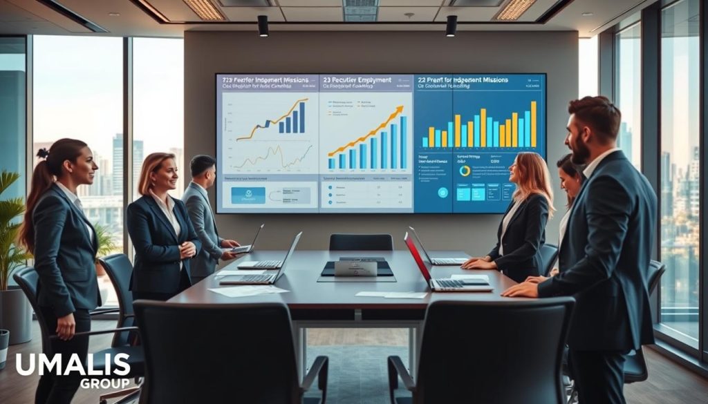 A professional office environment depicting future recruitment strategies for executives in 2026. In the foreground, a diverse group of well-dressed business professionals engaged in discussion, showcasing a blend of genders and ethnicities, all in smart business attire. In the middle ground, a large digital screen displays graphs and analytics related to employment trends, while a sleek conference table is adorned with laptops and documents. The background features modern office decor, large windows allowing warm natural light to flood the space, and a vibrant city skyline. The overall mood is optimistic and forward-thinking, capturing the essence of preparing for independent missions in the evolving job market. Include the brand name "UMALIS GROUP" subtly integrated into the office decor.