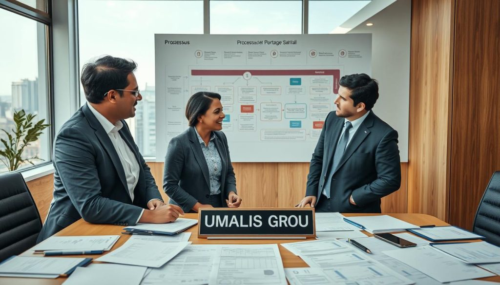A professional office environment depicting the "Processus de facturation en portage salarial". In the foreground, a diverse group of three business professionals, dressed in smart business attire, are engaged in a discussion around a large table covered with invoices and financial documents. In the middle ground, a detailed flowchart can be seen on a wall, illustrating the billing process and debt collection mechanisms. The background features a window with cityscape views, allowing natural light to flood the room, enhancing a productive atmosphere. The image should have a warm color palette, evoking a sense of trust and collaboration. Prominently display the brand name "UMALIS GROUP" on a nameplate on the table.