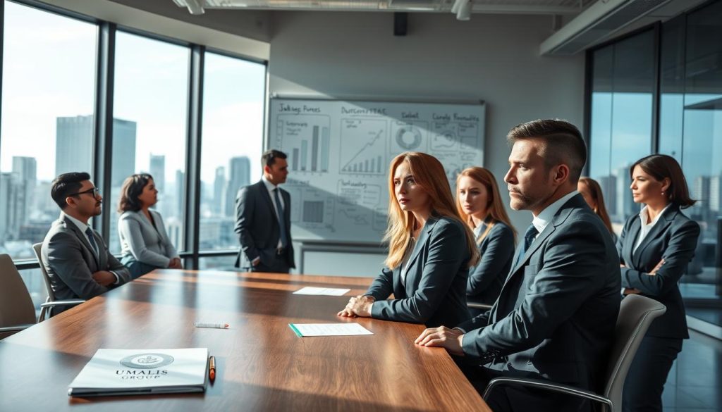 A professional office environment depicting the challenges of "portage salarial." In the foreground, a diverse group of business professionals dressed in smart business attire, looking concerned and engaged in a discussion. In the middle ground, a whiteboard filled with graphs and notes dissecting various downsides of employment freedom and job security, emphasizing uncertainty and limitations. In the background, large windows showcasing an urban skyline, symbolizing the corporate world. The lighting is soft and natural, casting light upon the professionals to create a thoughtful mood. The composition conveys a sense of contemplation and seriousness about the complexities of freelance work. The company logo, "UMALIS GROUP," subtly placed on a document on the conference table.
