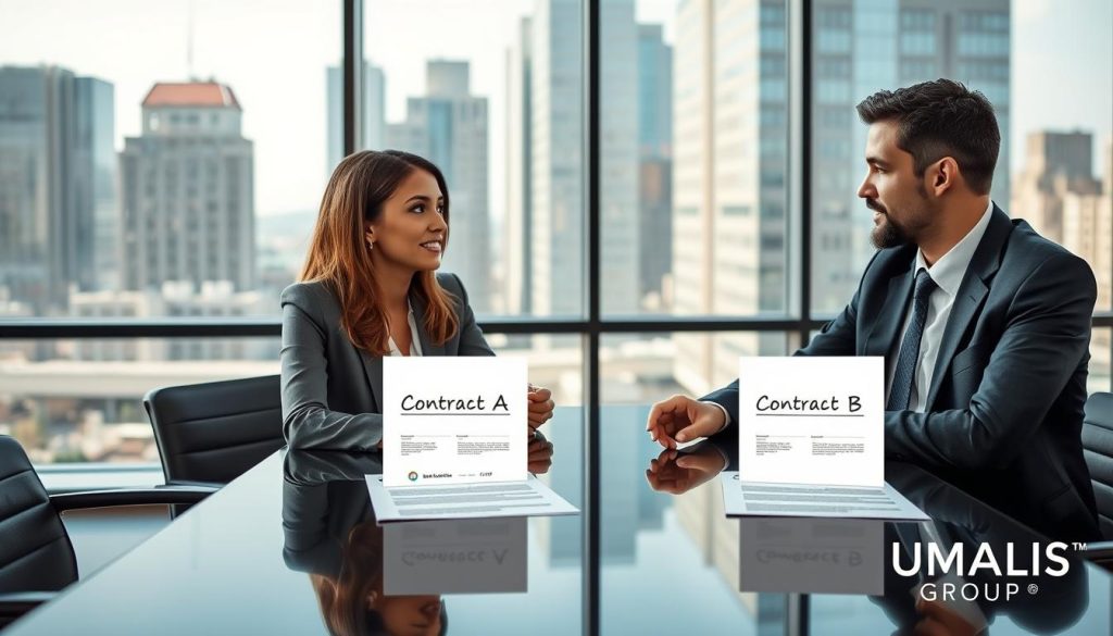A professional office environment depicting the concept of "Contracts and Roles in Wage Portage." In the foreground, two business professionals: one female and one male, engaged in a discussion at a sleek conference table, both wearing professional business attire. The middle layer shows visible documents labeled 'Contract A' and 'Contract B', symbolizing the two contracts. The background features a modern cityscape through large windows, with natural light illuminating the scene, enhancing a sense of clarity and professionalism. The mood is collaborative and focused, reflecting the importance of understanding roles in employment. Incorporate branding elements for "UMALIS GROUP" subtly within the office setting, ensuring it enhances the professional atmosphere without being disruptive.