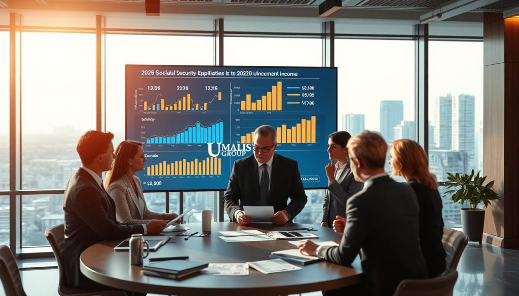 A professional office environment depicting the concept of "monthly income cap and payroll in umbrella companies." In the foreground, a diverse group of business professionals in business attire, engaged in discussion around a large round table, reviewing financial documents and charts. Mid-ground includes a large digital screen displaying graphs and numbers relevant to the 2026 Social Security ceiling. In the background, large windows with natural light pouring in, showcasing a modern cityscape. Soft, warm lighting enhances the atmosphere of collaboration and professionalism. The logo of "UMALIS GROUP" subtly integrated into the design of the digital screen. A sense of focus on fiscal responsibility and teamwork permeates the image, highlighting the implications of social security changes on payroll in umbrella employment.
