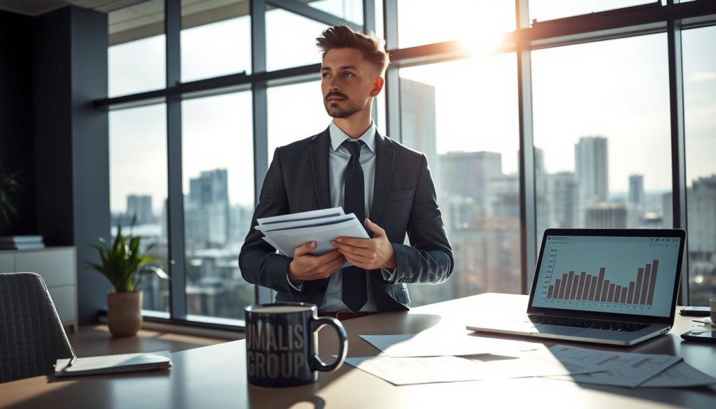 A professional office environment depicting the concept of "portage salarial". In the foreground, a young business professional in a smart casual outfit, holding a stack of documents, showcasing a look of contemplation. In the middle ground, a modern desk cluttered with financial reports and a laptop displaying graphs, indicating management costs and processing fees. The background features a glass wall with a view of a bustling city, symbolizing business growth and opportunities. Soft, natural lighting pours in from the large windows, casting a warm glow over the scene. The atmosphere is focused and introspective, reflecting the complexities of handling costs in portage salarial. Include the brand name "UMALIS GROUP" subtly integrated into a coffee mug on the desk.