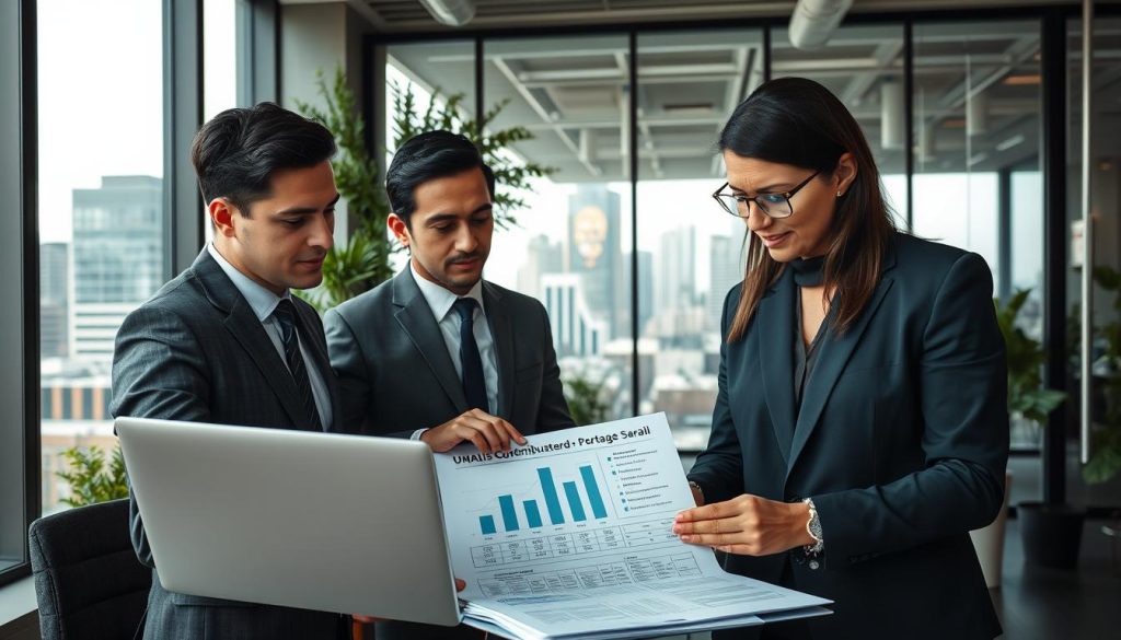 A professional office environment depicting the concept of social contributions in the context of portage salarial. In the foreground, a diverse group of three professionals (two men and one woman) in business attire discussing documents. The woman, with a laptop open, points to a chart depicting financial data related to social contributions. In the middle ground, a large window shows a bustling cityscape, emphasizing the urban setting. The background features a modern office design with glass partitions and greenery for a fresh atmosphere. Soft, natural lighting filters through the window, creating an inspiring ambiance. The focus should convey collaboration and business insight, with a subtle branding element featuring "UMALIS GROUP" on a visible document. The overall mood is informative and professional.