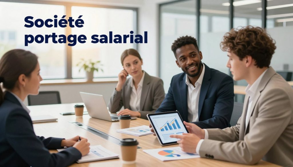 A professional office environment depicting the concept of "société portage salarial" in France. In the foreground, a diverse group of three professionals in business attire engages in a discussion, showcasing collaboration. One person holds a tablet with graphs and charts visible, symbolizing business growth. The middle ground features a large conference table with papers, laptops, and coffee cups, emphasizing a dynamic work atmosphere. The background shows a modern office with large windows, letting in warm natural light, creating an inviting ambiance. The overall mood is focused and optimistic, highlighting key decision-making and the importance of selecting the right salary portage company. Use vibrant colors and a slightly blurred depth of field to accentuate the main subjects. The scene should be clean and professional, with no text or distractions.