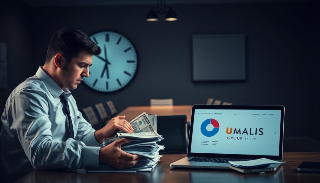A professional office environment depicting the disadvantages of the portage salarial model. In the foreground, a stressed business professional in formal attire, looking at a stack of bills and contracts on their desk, their expression reflecting concerns about costs and constraints. In the middle ground, a large wall clock shows late working hours, symbolizing time constraints, while a laptop displays pie charts illustrating financial limits. In the background, a dimly lit conference room with empty chairs, conveying a sense of isolation and pressure. Soft, dramatic lighting creates a tense atmosphere, emphasizing the struggles faced. The logo "UMALIS GROUP" subtly placed on the laptop screen. The image should evoke a feeling of contemplation amidst challenges in the business landscape.