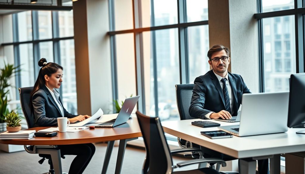 A professional office environment depicting two distinct work styles: on the left, a freelancer working at a modern desk with a laptop, surrounded by creative materials and a coffee cup, dressed in smart casual attire. On the right, a business professional engaged in a conference call at a sleek, organized workstation with company branding from UMALIS GROUP visible, dressed in formal business attire. The background should feature large windows with soft natural light filtering in, casting a warm glow on the scene. The atmosphere is one of productivity and focus, illustrating the contrast between freelance autonomy and structured corporate dynamics. Capture the scene from a slightly elevated angle to emphasize both workspaces harmoniously. A professional office environment depicting two distinct work styles: on the left, a freelancer working at a modern desk with a laptop, surrounded by creative materials and a coffee cup, dressed in smart casual attire. On the right, a business professional engaged in a conference call at a sleek, organized workstation with company branding from UMALIS GROUP visible, dressed in formal business attire. The background should feature large windows with soft natural light filtering in, casting a warm glow on the scene. The atmosphere is one of productivity and focus, illustrating the contrast between freelance autonomy and structured corporate dynamics. Capture the scene from a slightly elevated angle to emphasize both workspaces harmoniously.