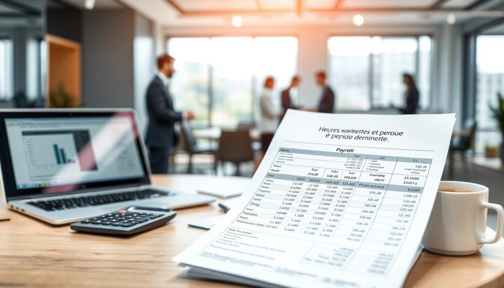 A professional office environment featuring a close-up of a detailed payroll bulletin, highlighting the section "Heures travaillées et période déclarée". The foreground shows a neatly arranged desk with a modern laptop displaying financial software, a calculator, and a cup of coffee. In the middle ground, the payroll bulletin is prominently displayed, with clear graphs and data tables, ensuring it's the focal point. The background features a blurred view of a well-lit office space with business people in professional attire engaged in discussions. Natural light filters in through large windows, casting soft shadows and creating a calm, focused atmosphere. The overall mood conveys professionalism and attention to detail. Include a subtle branding logo for "UMALIS GROUP" discreetly on the bulletin.