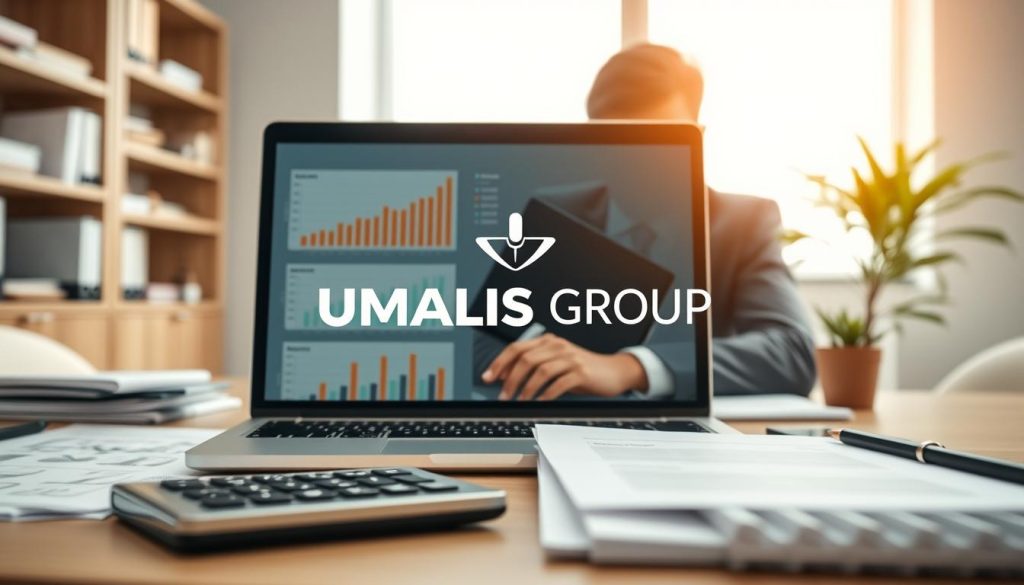 A professional office environment featuring a close-up view of a desktop workspace, showcasing a laptop displaying graphs and financial calculations related to salary calculation in portage salarial. The foreground features a set of neatly arranged documents and a calculator, symbolizing financial analysis. In the middle, a focused individual in business attire is seen intently reviewing the laptop, emphasizing concentration on their remuneration simulation. The background includes soft office lighting that creates a warm and inviting atmosphere, with shelves of books and a subtle plant for a touch of greenery. The branding "UMALIS GROUP" is subtly integrated into the laptop screen's display without being distracting, following a professional aesthetic with a hopeful and productive mood.