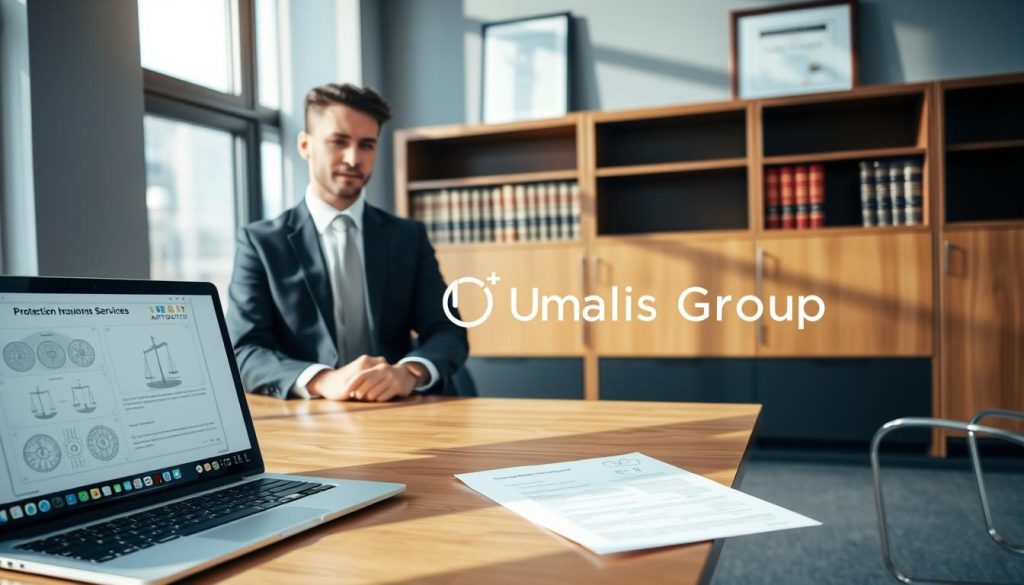 A professional office environment featuring a confident lawyer in business attire, seated at a sleek wooden desk, reviewing a legal document related to protection insurance services. In the foreground, a laptop displaying legal diagrams indicates a focused discussion. The middle ground showcases a bookshelf lined with law books and a framed certificate on the wall, symbolizing expertise and trust. The background features large windows allowing natural light to illuminate the space, casting soft shadows. The overall atmosphere is one of professionalism and assurance, emphasizing the importance of legal protection for individuals in their careers. The brand name "Umalis Group" is subtly incorporated into the document on the desk.