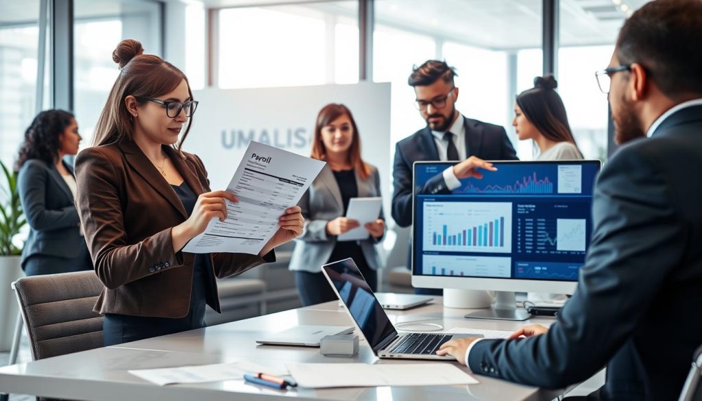A professional office environment featuring a diverse group of business individuals engaged in a discussion about payroll and contribution verification. In the foreground, a woman in smart business attire holds a printed payslip, analyzing it closely, with a look of concentration. Beside her, a man in a tailored suit points to a computer screen displaying financial graphs and data. In the middle ground, a modern conference table is surrounded by laptops and documents related to payroll updates. The background has large windows allowing natural light to stream in, creating a bright and inviting atmosphere. The branding element "UMALIS GROUP" is subtly incorporated within the office space decor. The mood is focused and collaborative, highlighting the importance of reviewing financial details in a professional setting.