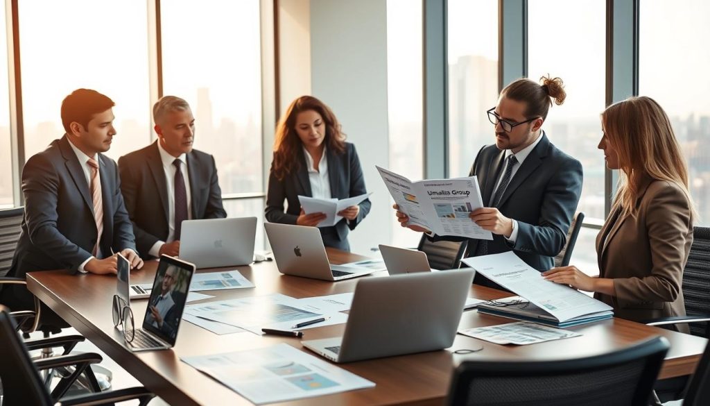 A professional office environment featuring a diverse group of business people engaged in a discussion. In the foreground, two men and a woman dressed in smart business attire are reviewing documents about "Umalis Group", illustrating the process of selecting a portage salarial company. In the middle ground, a large conference table laden with laptops and paperwork shows charts and graphs related to international work solutions. The background features a city skyline visible through large windows, bathed in soft, warm daylight. The atmosphere is collaborative and focused, representing trust and innovation in the field of international employment support. The composition should have a slight depth of field, emphasizing the subjects while keeping the background slightly blurred. A professional office environment featuring a diverse group of business people engaged in a discussion. In the foreground, two men and a woman dressed in smart business attire are reviewing documents about "Umalis Group", illustrating the process of selecting a portage salarial company. In the middle ground, a large conference table laden with laptops and paperwork shows charts and graphs related to international work solutions. The background features a city skyline visible through large windows, bathed in soft, warm daylight. The atmosphere is collaborative and focused, representing trust and innovation in the field of international employment support. The composition should have a slight depth of field, emphasizing the subjects while keeping the background slightly blurred.