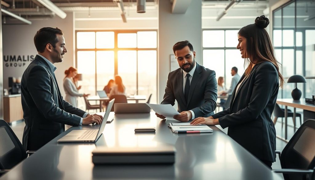 A professional office environment featuring a diverse group of freelancers engaged in a discussion about "portage salarial." In the foreground, two individuals, one male and one female, are analyzing documents on a sleek conference table, dressed in professional business attire. The middle ground shows a modern workspace with laptops, notepads, and a coffee machine, conveying a collaborative atmosphere. In the background, large windows let in bright, natural light, creating a warm and inviting mood. Subtle branding of "UMALIS GROUP" can be seen on a wall in the office space. The composition should have a balanced layout, with a focus on interaction and teamwork, captured from a slightly elevated angle to encompass the entire setting.