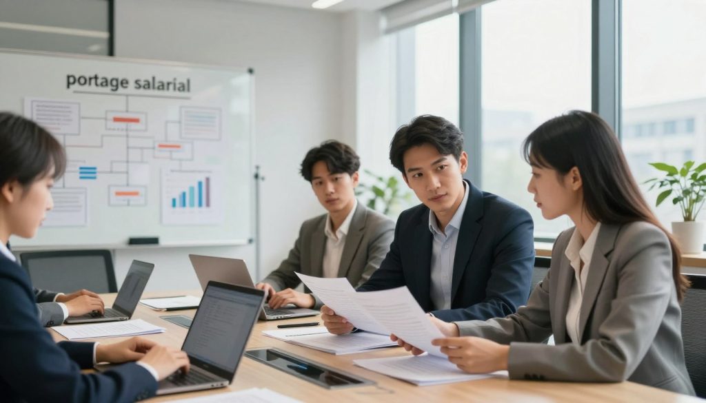 A professional office environment featuring a diverse group of individuals engaged in discussion about "portage salarial." In the foreground, a man and woman dressed in smart business attire are reviewing documents together at a conference table, with laptops and notes spread out around them, showcasing collaboration. In the middle ground, a whiteboard filled with flowcharts and diagrams related to employment and financial management is visible. The background displays a modern office setting with large windows allowing natural light to flood the room, casting a warm and inviting glow. The mood conveys professionalism and teamwork, emphasizing the concept of freelance employment through collective dialogue and planning. The angle is slightly elevated to capture the workflow and engagement of the group.