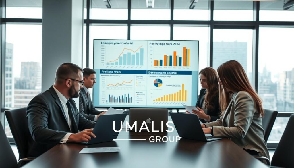 A professional office environment featuring a diverse group of individuals engaged in a discussion about "portage salarial". In the foreground, a middle-aged businessman in a tailored suit and a young woman in professional attire interact around a conference table, reviewing documents on laptops. In the middle, charts and graphs illustrating unemployment trends and freelance work statistics are visible on a large screen. The background shows large windows with city views, soft natural light filtering in. Use a wide-angle lens perspective to enhance the collaborative atmosphere. The overall mood is serious yet optimistic, emphasizing the potential of portage salarial in combating unemployment. Include the brand logo "UMALIS GROUP" subtly integrated into the scene, reflecting modern business dynamics. A professional office environment featuring a diverse group of individuals engaged in a discussion about "portage salarial". In the foreground, a middle-aged businessman in a tailored suit and a young woman in professional attire interact around a conference table, reviewing documents on laptops. In the middle, charts and graphs illustrating unemployment trends and freelance work statistics are visible on a large screen. The background shows large windows with city views, soft natural light filtering in. Use a wide-angle lens perspective to enhance the collaborative atmosphere. The overall mood is serious yet optimistic, emphasizing the potential of portage salarial in combating unemployment. Include the brand logo "UMALIS GROUP" subtly integrated into the scene, reflecting modern business dynamics.