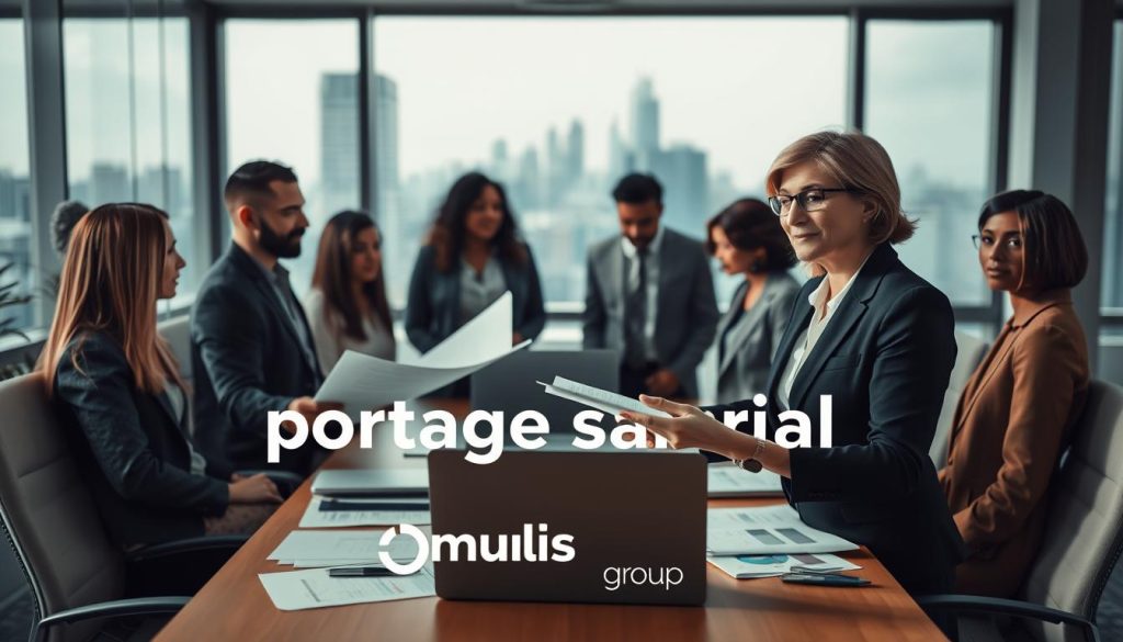 A professional office environment featuring a diverse group of individuals engaged in a discussion about "portage salarial." In the foreground, a confident, middle-aged woman in smart business attire is presenting documents to her colleagues, who are attentively listening. In the middle, a table is cluttered with laptops and financial reports, highlighting the themes of tax declaration management. The background reveals a large window showcasing an urban skyline, symbolizing growth and opportunity. Soft, natural lighting floods the room, creating a warm and collaborative atmosphere. The brand name "Umalis Group" is subtly incorporated into the design elements of the office. The image captures a sense of professionalism and teamwork essential for understanding the intricacies of annual tax declarations in the portage salarial system.