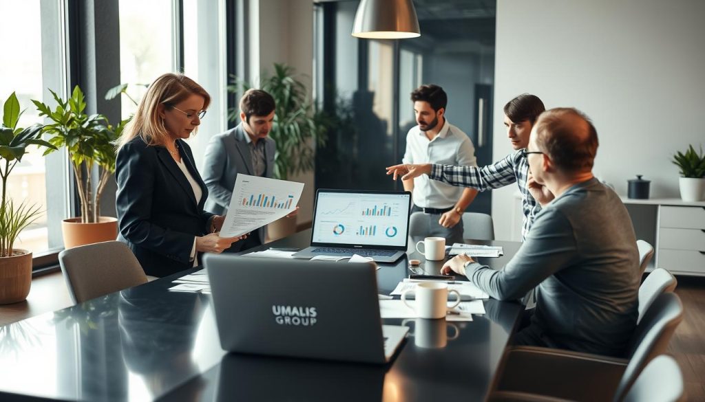 A professional office environment featuring a diverse group of individuals engaged in a discussion about "réglementation cumul activités portage salarial". In the foreground, a middle-aged woman in a business suit is examining a document, while a younger man in smart casual attire points at a laptop screen displaying graphs and charts. In the middle ground, a modern conference table is cluttered with papers and coffee cups, reflecting a busy work atmosphere. The background showcases a large window with natural light streaming in, illuminating the sleek furnishings and potted plants. The mood is collaborative and focused. Soft focus on the edges to emphasize the central discussion, with a hint of sophistication. Include a subtle logo of "UMALIS GROUP" on the laptop screen. A professional office environment featuring a diverse group of individuals engaged in a discussion about "réglementation cumul activités portage salarial". In the foreground, a middle-aged woman in a business suit is examining a document, while a younger man in smart casual attire points at a laptop screen displaying graphs and charts. In the middle ground, a modern conference table is cluttered with papers and coffee cups, reflecting a busy work atmosphere. The background showcases a large window with natural light streaming in, illuminating the sleek furnishings and potted plants. The mood is collaborative and focused. Soft focus on the edges to emphasize the central discussion, with a hint of sophistication. Include a subtle logo of "UMALIS GROUP" on the laptop screen.