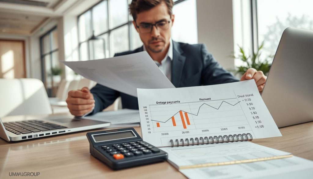 A professional office environment featuring a modern desk with a laptop, papers, and a calculator displaying financial calculations related to salary and activity accounts in portage salarial. In the foreground, a focused professional in business attire, flipping through a contract with a concerned expression. In the middle, a detailed chart with graphs showcasing delayed payments and their impact on income, accompanied by currency symbols. The background should depict a bright office space with soft natural lighting filtering through large windows, creating an atmosphere of contemplation and professionalism. Include the "UMALIS GROUP" logo subtly on a notebook on the desk. The angle should be slightly above eye level, capturing the details of the workspace while emphasizing the subject's thoughtful engagement with financial implications.