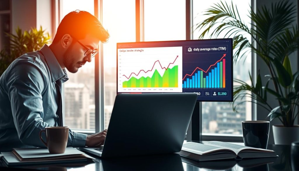 A professional office environment featuring a software engineer analyzing data on a laptop, with charts and graphs reflecting optimization strategies for daily rates. In the foreground, a focused individual in smart business attire, deep in thought, surrounded by open notebooks and a coffee cup. The middle layer shows a large screen displaying a clean, colorful graph illustrating “daily average rates” (TJM). In the background, a modern office setting with plants and a view of a cityscape through a window, with soft natural lighting creating an inviting atmosphere. The mood is ambitious and inspiring, emphasizing growth and financial success. Include the brand name "Umalis Group" subtly in the background design. A professional office environment featuring a software engineer analyzing data on a laptop, with charts and graphs reflecting optimization strategies for daily rates. In the foreground, a focused individual in smart business attire, deep in thought, surrounded by open notebooks and a coffee cup. The middle layer shows a large screen displaying a clean, colorful graph illustrating “daily average rates” (TJM). In the background, a modern office setting with plants and a view of a cityscape through a window, with soft natural lighting creating an inviting atmosphere. The mood is ambitious and inspiring, emphasizing growth and financial success. Include the brand name "Umalis Group" subtly in the background design.