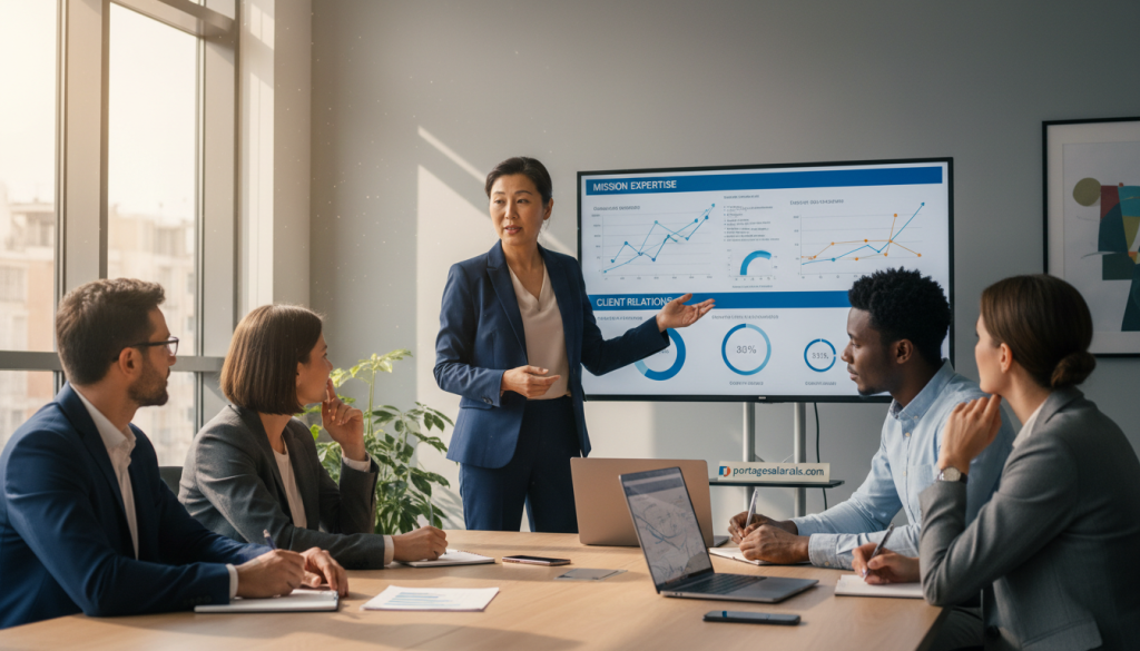 A professional office environment featuring a team of diverse business people engaged in a strategy session. In the foreground, a middle-aged Asian woman in a tailored navy suit is leading the discussion, gesturing towards a digital presentation on a screen displaying graphs and charts related to mission expertise and client relations. The middle section captures attentive colleagues, including a young Black man in a smart casual outfit and a Caucasian woman in a business suit, taking notes and nodding in agreement. The background showcases a modern office with large windows allowing natural light to flood the room, creating a bright and optimistic atmosphere. Soft shadows enhance the dynamic of the scene. Promote the website portagesalarials.com subtly within the environment, perhaps as a visible bookmark on a desk.