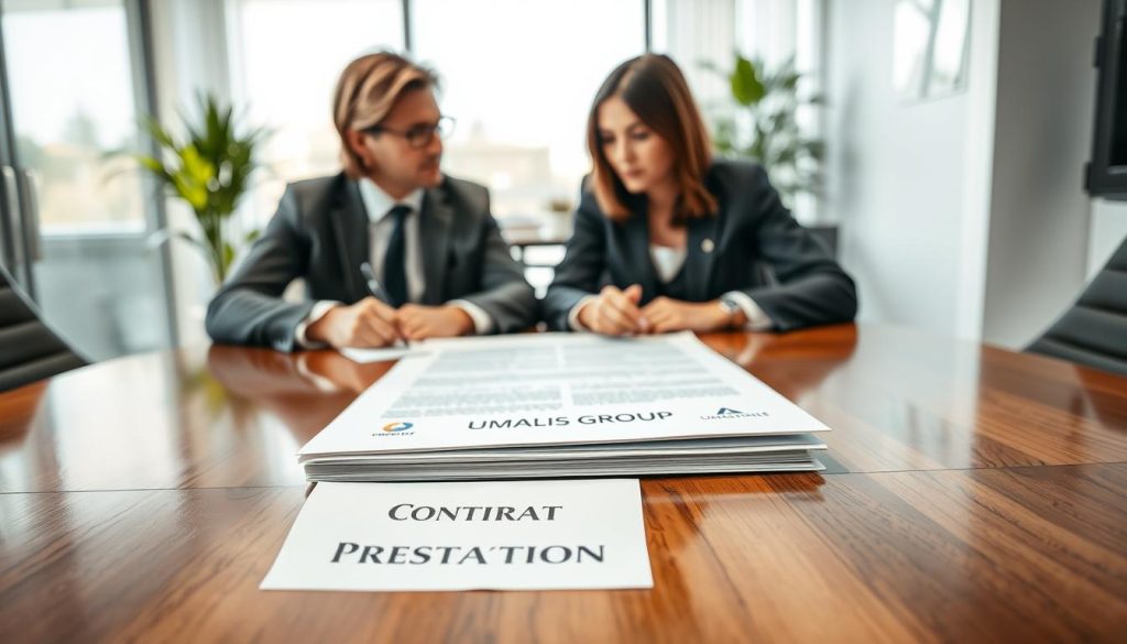 A professional office environment featuring a well-lit conference room, with a polished wooden table at the center. In the foreground, a neatly arranged contract document labeled "Contrat Prestation" with visible logos, including "UMALIS GROUP". Two business professionals, a man and a woman, are sitting across from each other, both in smart business attire, reviewing the document intently. The middle ground shows a large window with natural light streaming in, reflecting off the glass. In the background, a modern office with subtle décor and green plants, contributing to a productive atmosphere. The mood is focused and collaborative, emphasizing the importance of establishing a formal agreement between the portage company and the client company. A professional office environment featuring a well-lit conference room, with a polished wooden table at the center. In the foreground, a neatly arranged contract document labeled "Contrat Prestation" with visible logos, including "UMALIS GROUP". Two business professionals, a man and a woman, are sitting across from each other, both in smart business attire, reviewing the document intently. The middle ground shows a large window with natural light streaming in, reflecting off the glass. In the background, a modern office with subtle décor and green plants, contributing to a productive atmosphere. The mood is focused and collaborative, emphasizing the importance of establishing a formal agreement between the portage company and the client company.