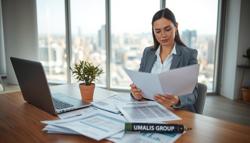 A professional office environment, focused on "Assurance chômage salarié." In the foreground, a confident businesswoman in stylish professional attire, analyzing paperwork related to unemployment insurance, with a laptop open beside her. In the middle ground, an array of documents and charts detailing social security benefits, supplemented by a small potted plant. The background features a bright, modern office with large windows letting in natural light, creating a warm atmosphere. A view of a bustling city skyline can be seen. The lighting is natural and soft, casting subtle shadows. The mood is serious yet optimistic, reflecting security and support for freelancers and employees in transition. The brand name "UMALIS GROUP" subtly positioned on the documents.